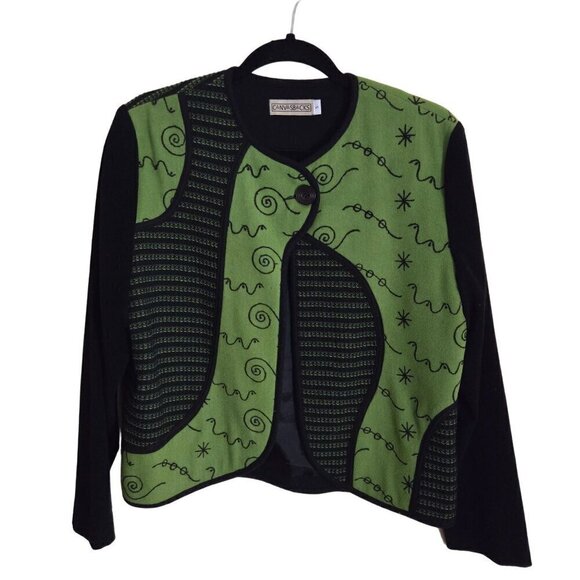 Canvasbacks Vintage Art To Wear Unique Green Black Felt Tweed Jacket Size S - Picture 1 of 5